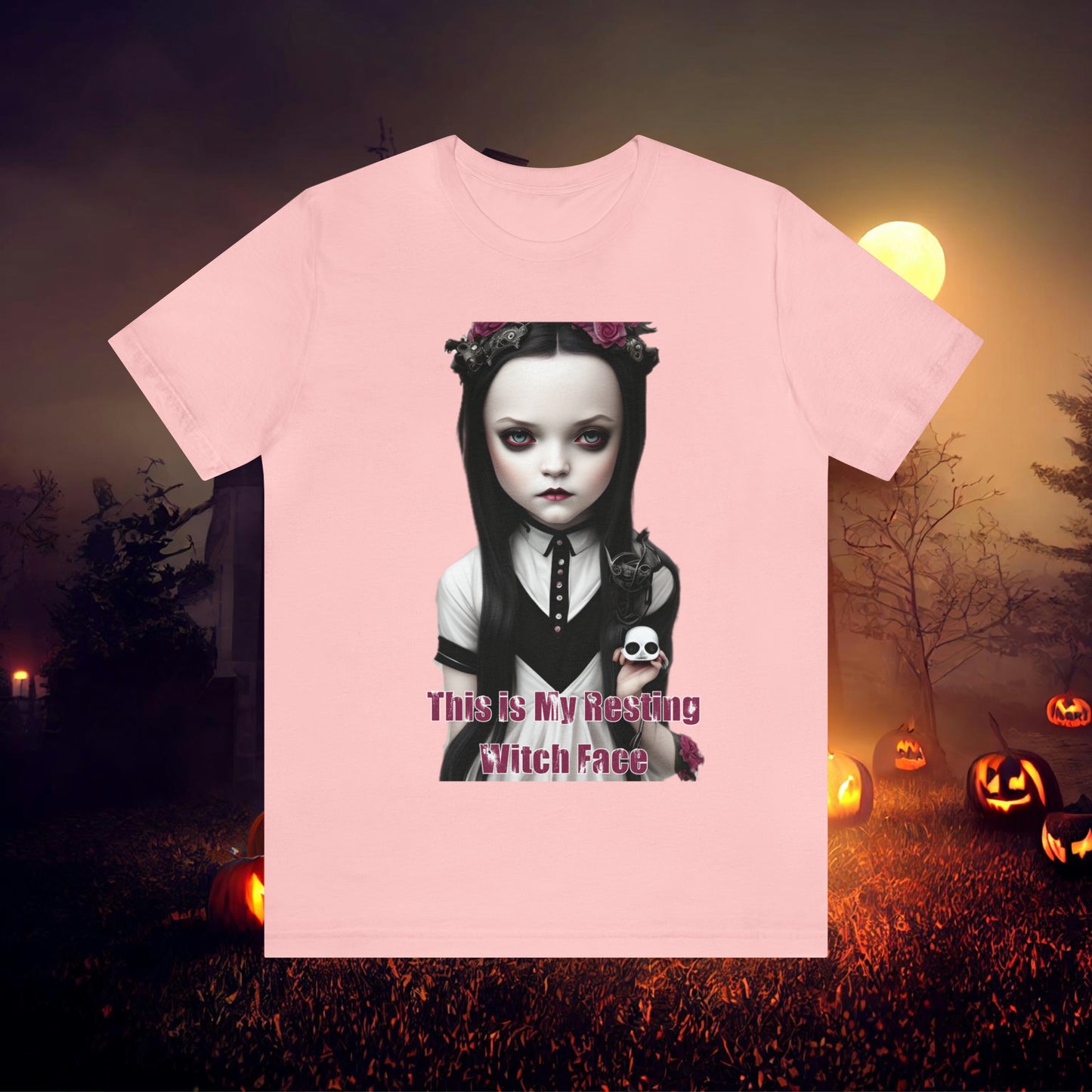 Wednesday Addams Chibi by Charlie Bowater This Is my Resting Witch Face Halloween Unisex Jersey Short Sleeve Tee