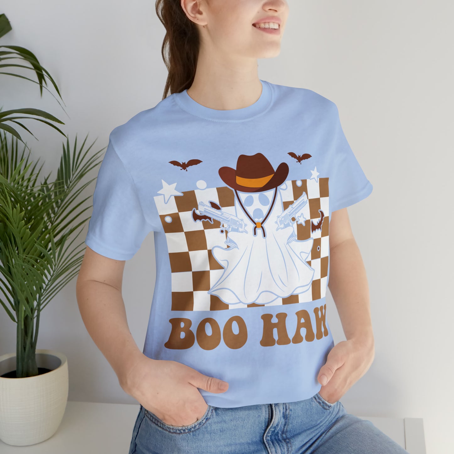 Cowboy Gunslinging Ghost saying Boo Haw Retro Western Halloween Unisex Jersey Short Sleeve Tee Gifts for Him Gifts for Her