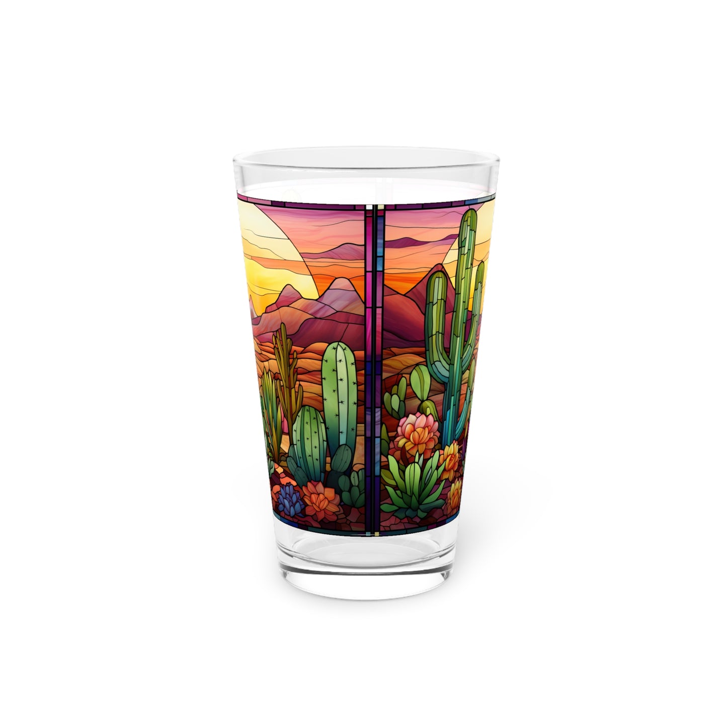 Desert Cactus Bloom: A Stained Glass Tribute to Cacti 16oz Pint Glass Gift idea gifts for home decor housewarming gift