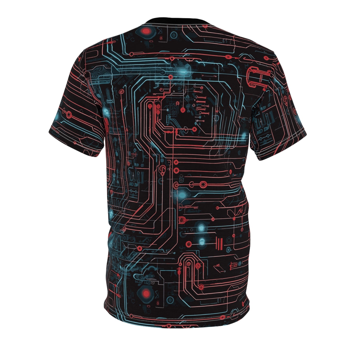 CyberPunk Cybernetic Skull breaking through a Red and Blue Neon Circuit Board Unisex Cut & Sew Tee (AOP)