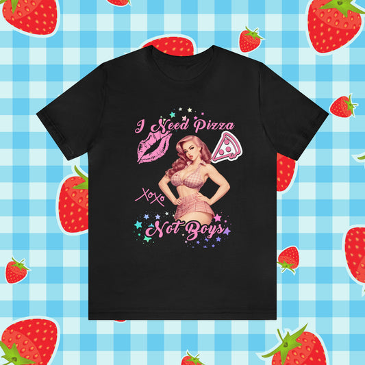 Vintage Pink Pinup Girl "I need Pizza Not Boys" on a Bella+Canva 3001 Unisex Jersey T-Shirt - A Must-Have Gift for her