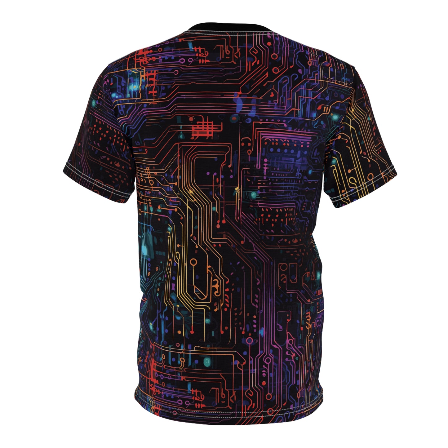 CyberPunk Futuristic Cybernetic Skull With Glowing Blue and Red Eyes breaking through a Neon Circuit Board Unisex Cut & Sew Tee (AOP)