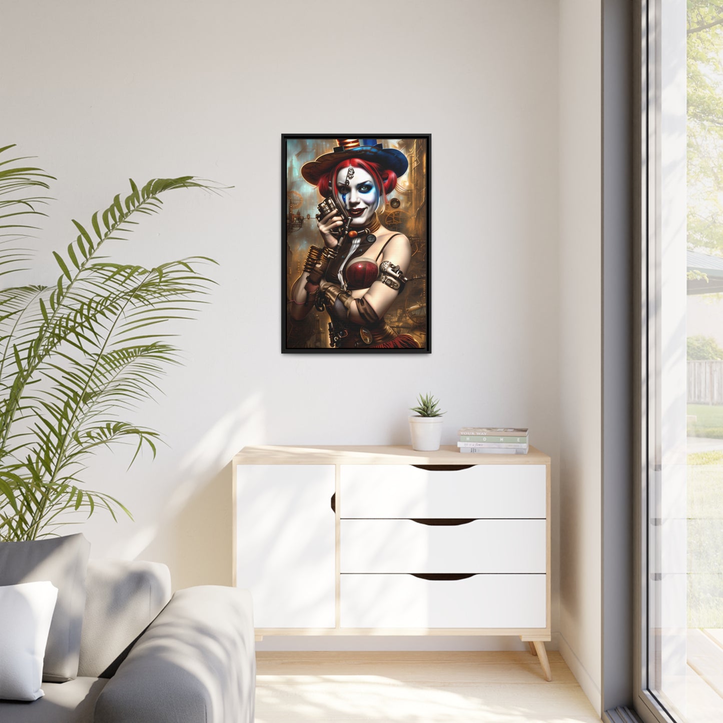 Hyper Realistic Steampunk Harley Quinn Matte Canvas, Black Frame