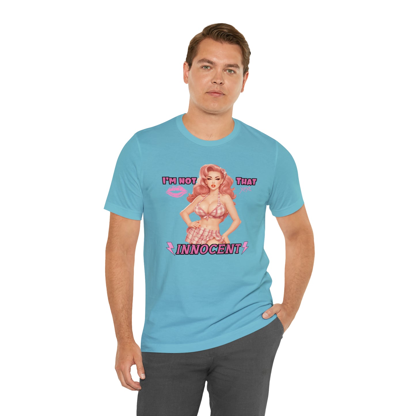 Timeless Elegance: Vintage Pink Pinup Girl "I'm not that Innocent on a Bella+Canva 3001 Unisex Jersey T-Shirt - A Must-Have Gift for her