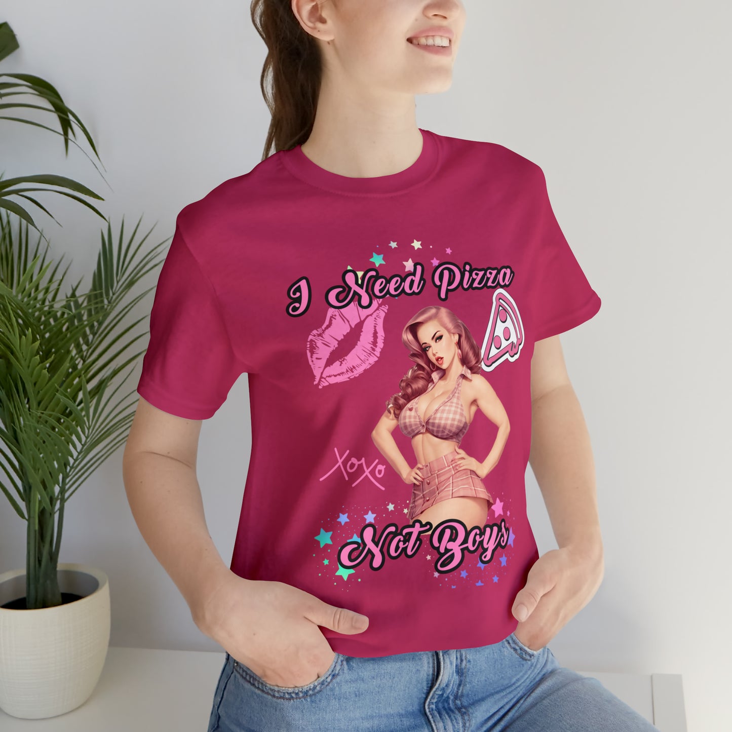 Vintage Pink Pinup Girl "I need Pizza Not Boys" on a Bella+Canva 3001 Unisex Jersey T-Shirt - A Must-Have Gift for her