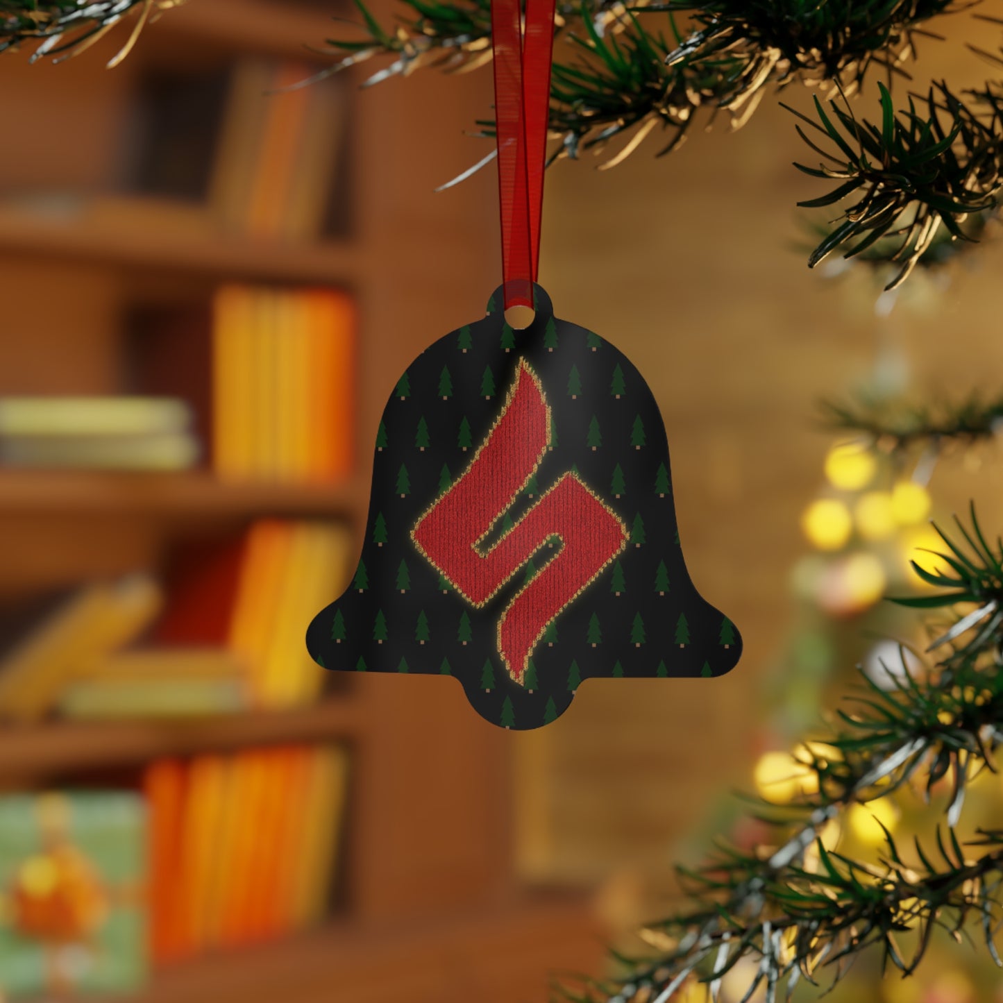 Sessmas Bell of Truth Approved by Shuli, Denied by Hack Comics Metal Ornament — Festive Shadow Figure & Red Emblem Holiday Bell Ornament