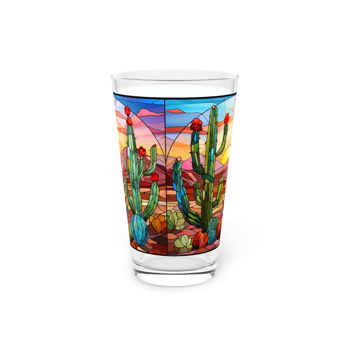 Desert with a Cactus Bloom: A Stained Glass Tribute to Cacti 16oz Pint Glass Gift idea gifts for home decor housewarming gift