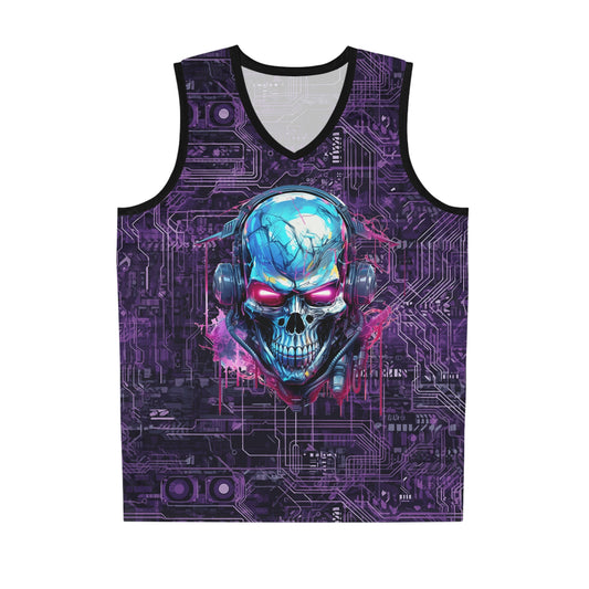 CyberPunk Cybernetic Skull breaking through a Purple Neon Circuit Board Basketball Jersey (AOP)