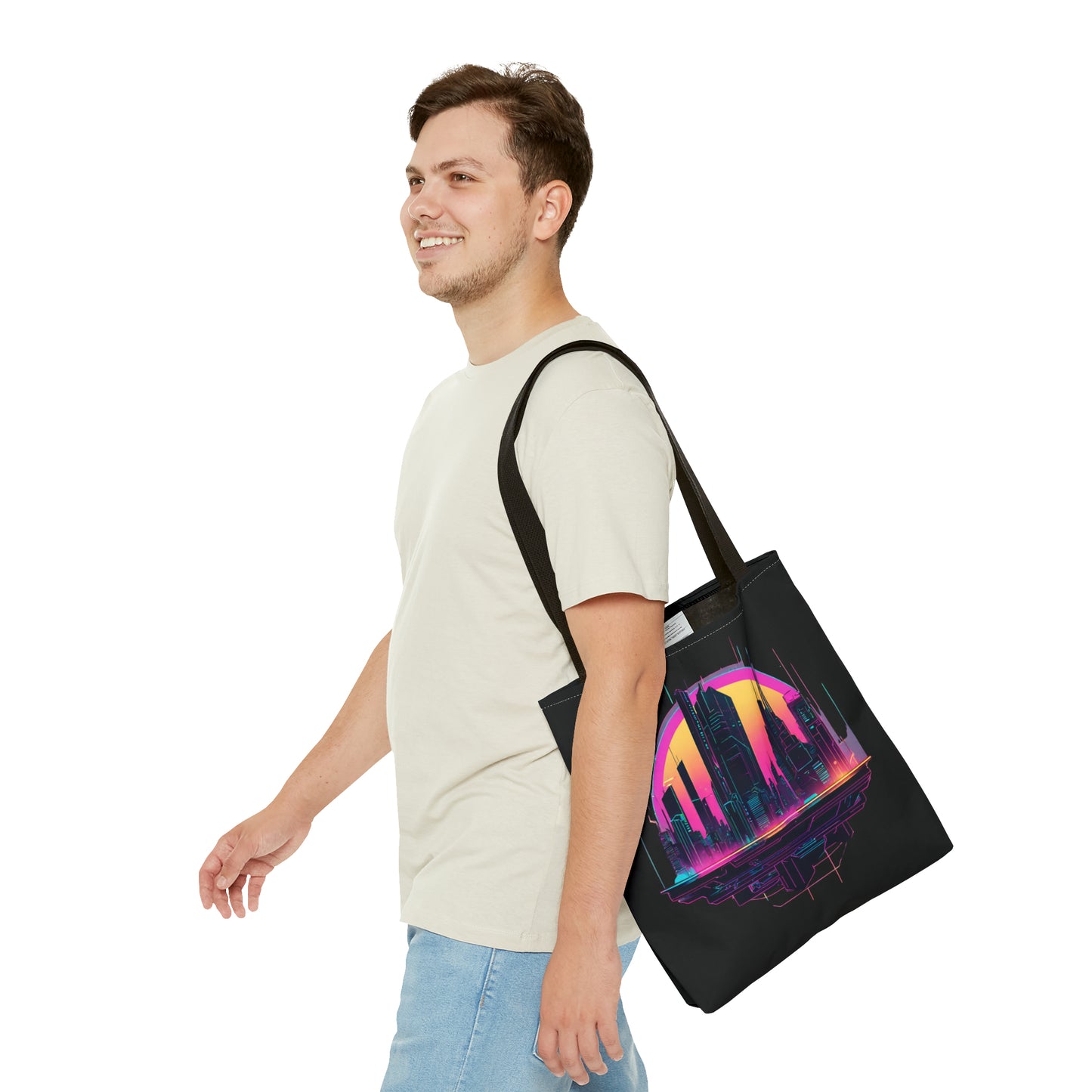 Cyberpunk City Landscape AOP Tote Bag 3 sizes 5 color handle options