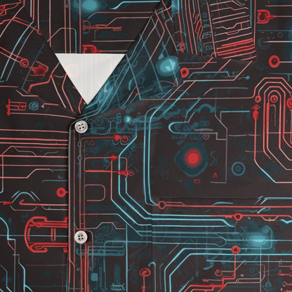 CyberPunk Cybernetic Skull breaking through a Red and Blue Neon Circuit Board Men's Hawaiian Shirt (AOP)