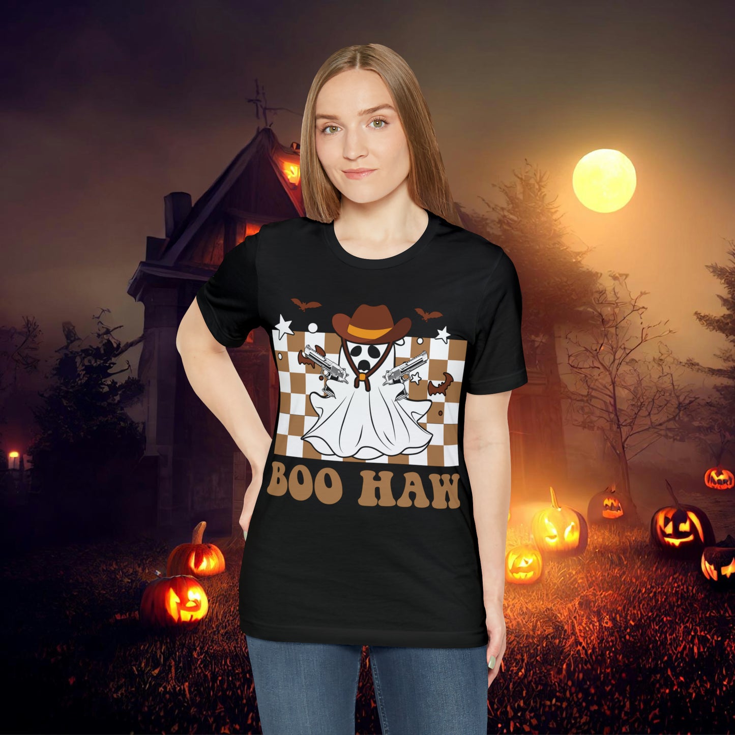 Cowboy Gunslinging Ghost saying Boo Haw Retro Western Halloween Unisex Jersey Short Sleeve Tee Gifts for Him Gifts for Her