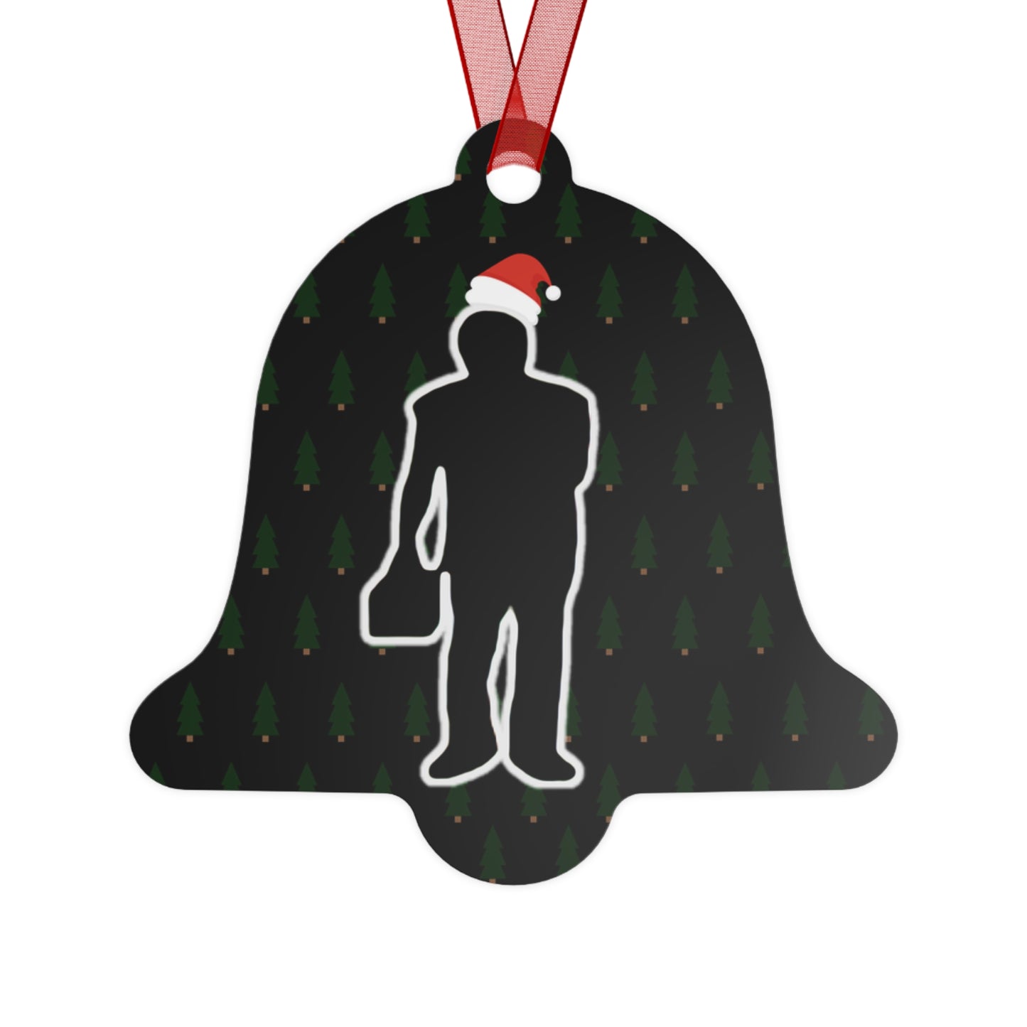 Sessmas Bell of Truth Approved by Shuli, Denied by Hack Comics Metal Ornament — Festive Shadow Figure & Red Emblem Holiday Bell Ornament