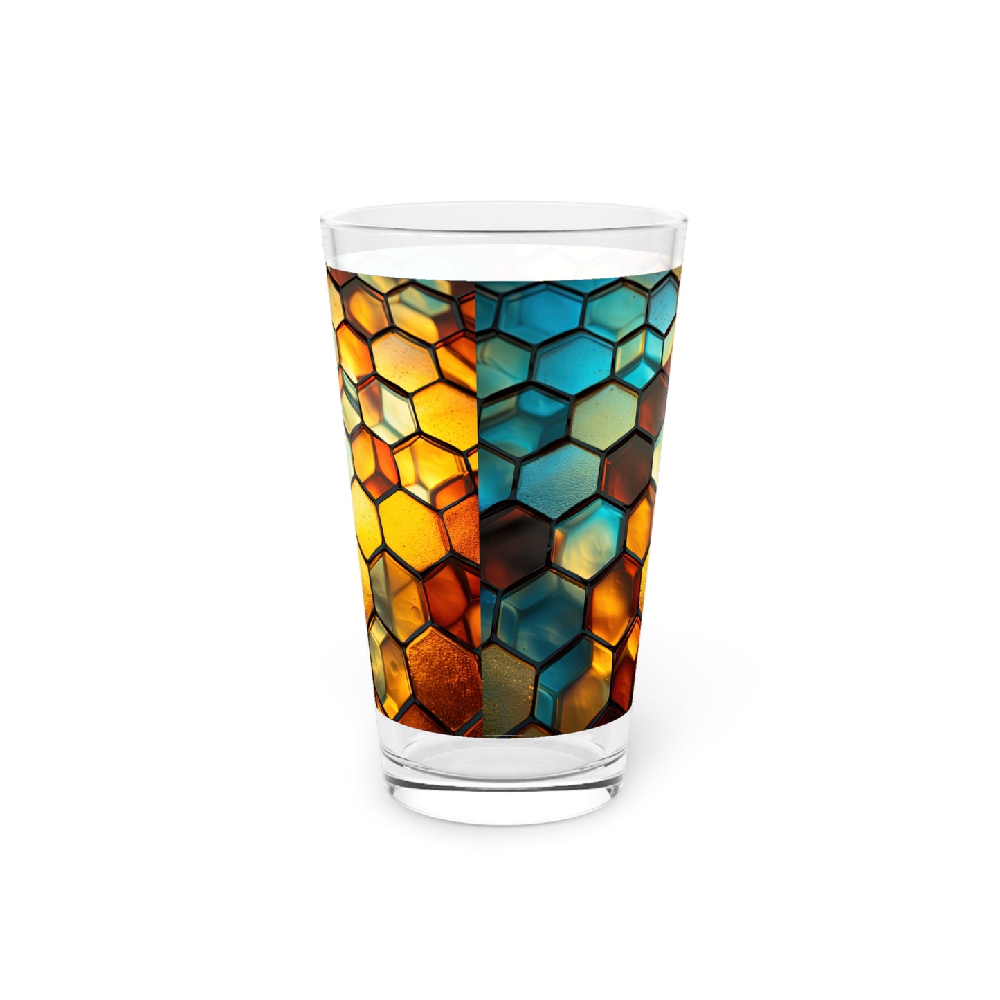 "Buzzing Beauty: A Blue and Yellow Honeycomb Stained Glass Artwork on a 16oz Pint Glass Gift idea gifts for home decor housewarming gift