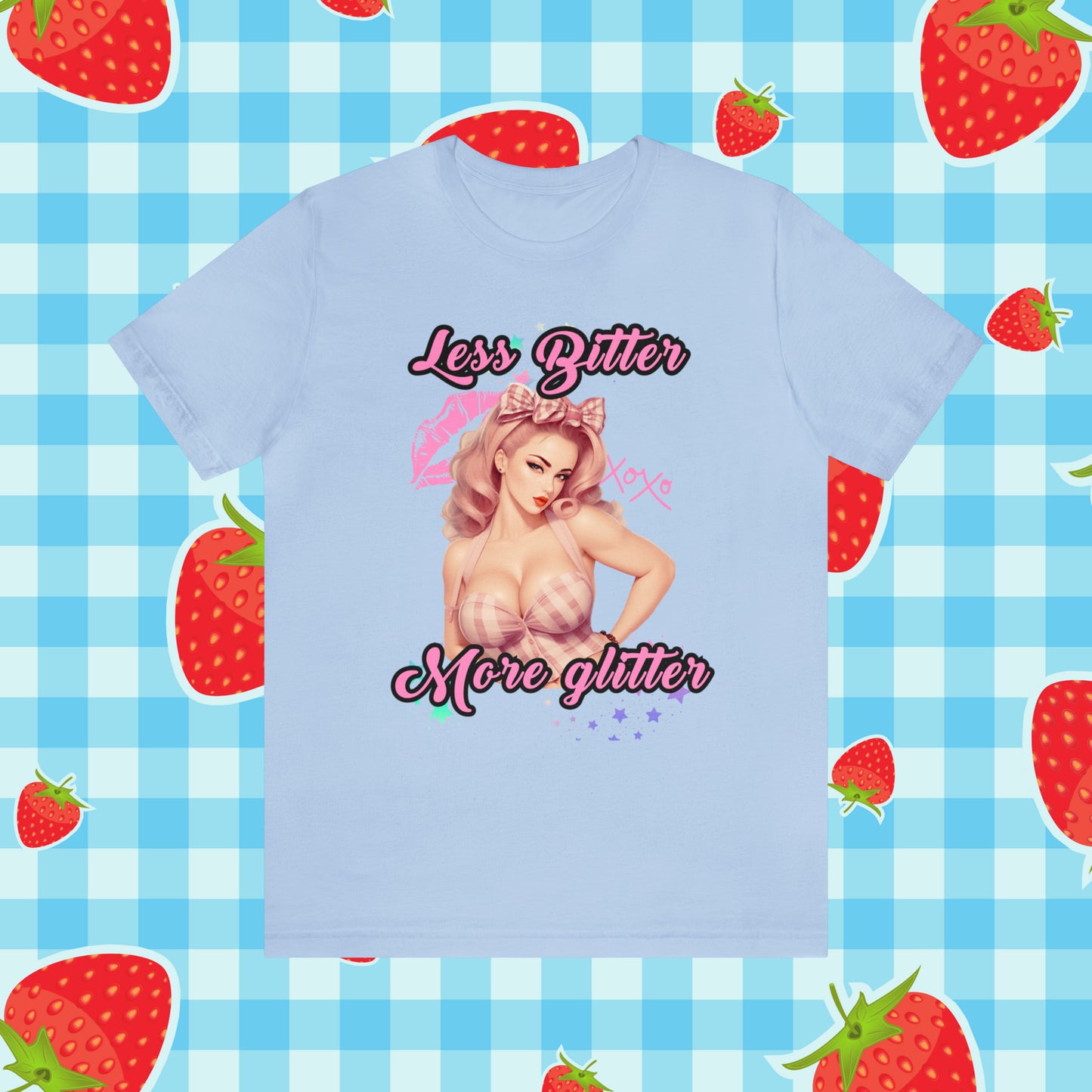 Vintage Pink Pinup Girl "Less Bitter More Glitter" on a Bella+Canva 3001 Unisex Jersey T-Shirt - A Must-Have Gift for her