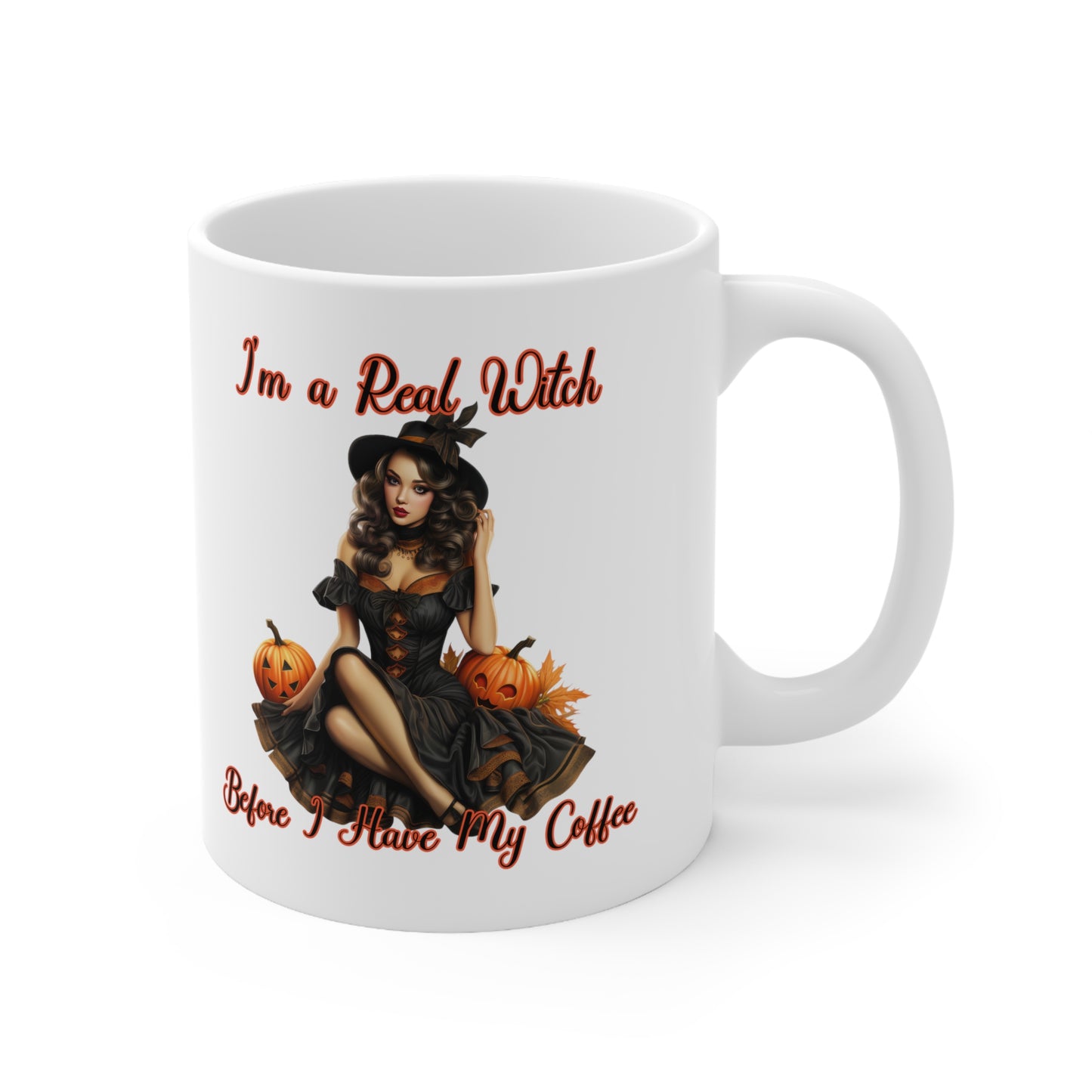 Vintage Pinup Witch: Sip Your Spells in Style "I'm a real Witch before I have my coffee" Halloween Ceramic 11oz Mug Gifts for her