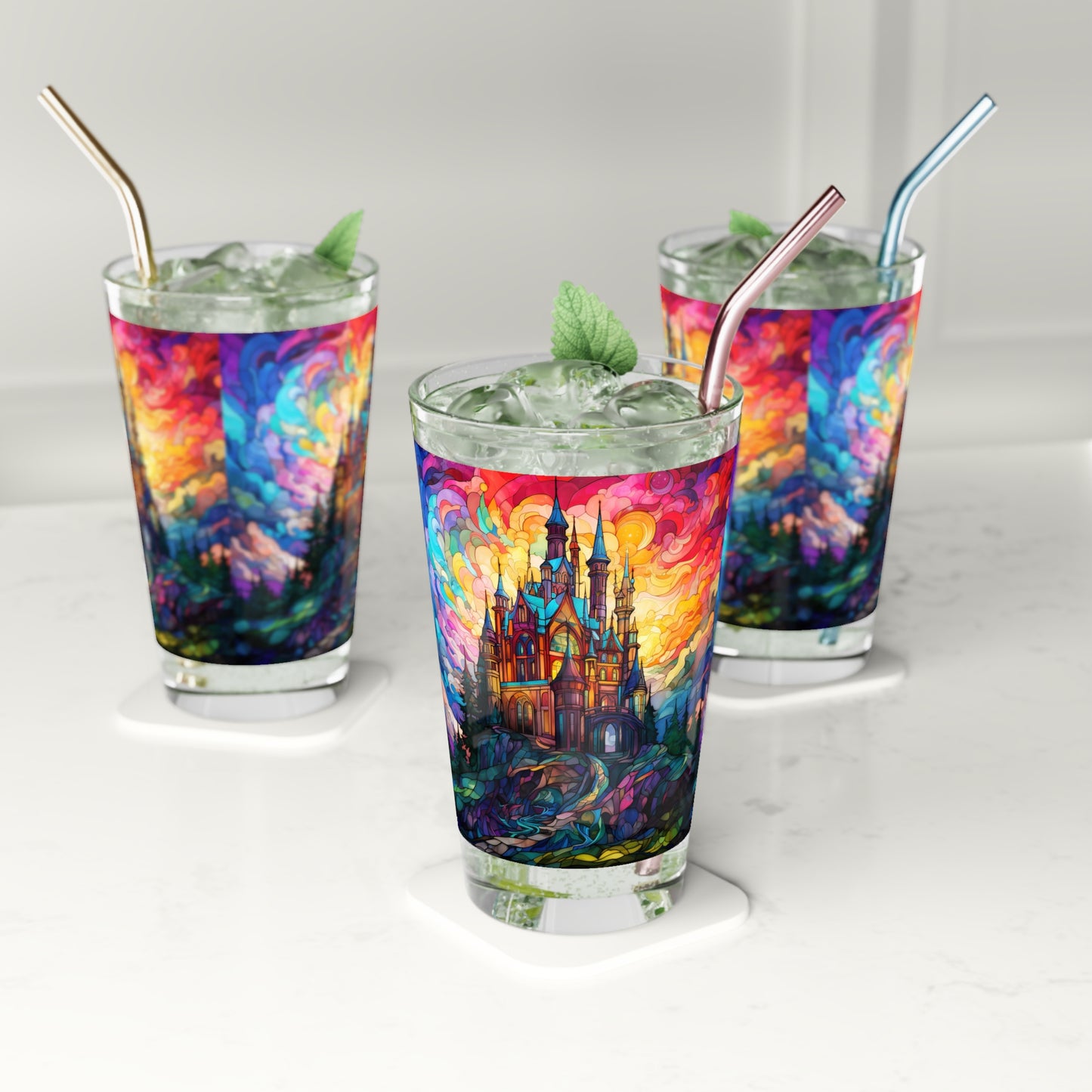 Enchanted Castle by the Creek: A Magical Stained Glass Artwork on a 16oz Pint Glass Gift idea, gifts for home decor, housewarming gift