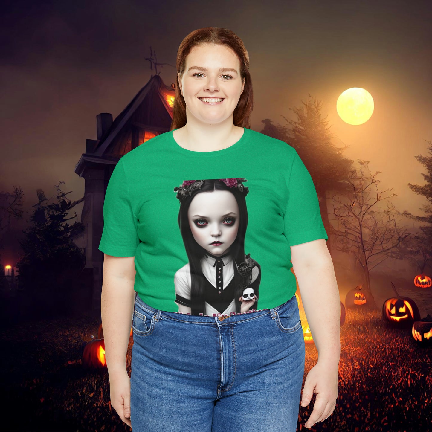 Wednesday Addams Chibi by Charlie Bowater This Is my Resting Witch Face Halloween Unisex Jersey Short Sleeve Tee