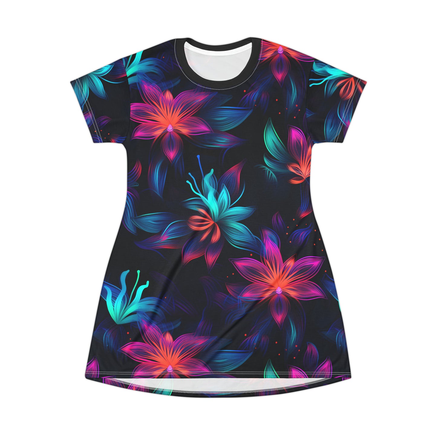 Neon Bloom Delight: All Over Print T-Shirt Dress