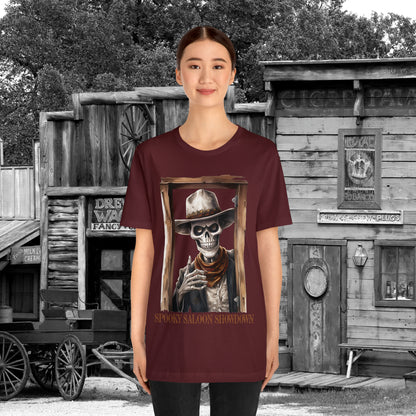 Spooky Saloon Showdown Gunslinging Skeleton Cowboy Halloween Unisex Jersey Short Sleeve Tee