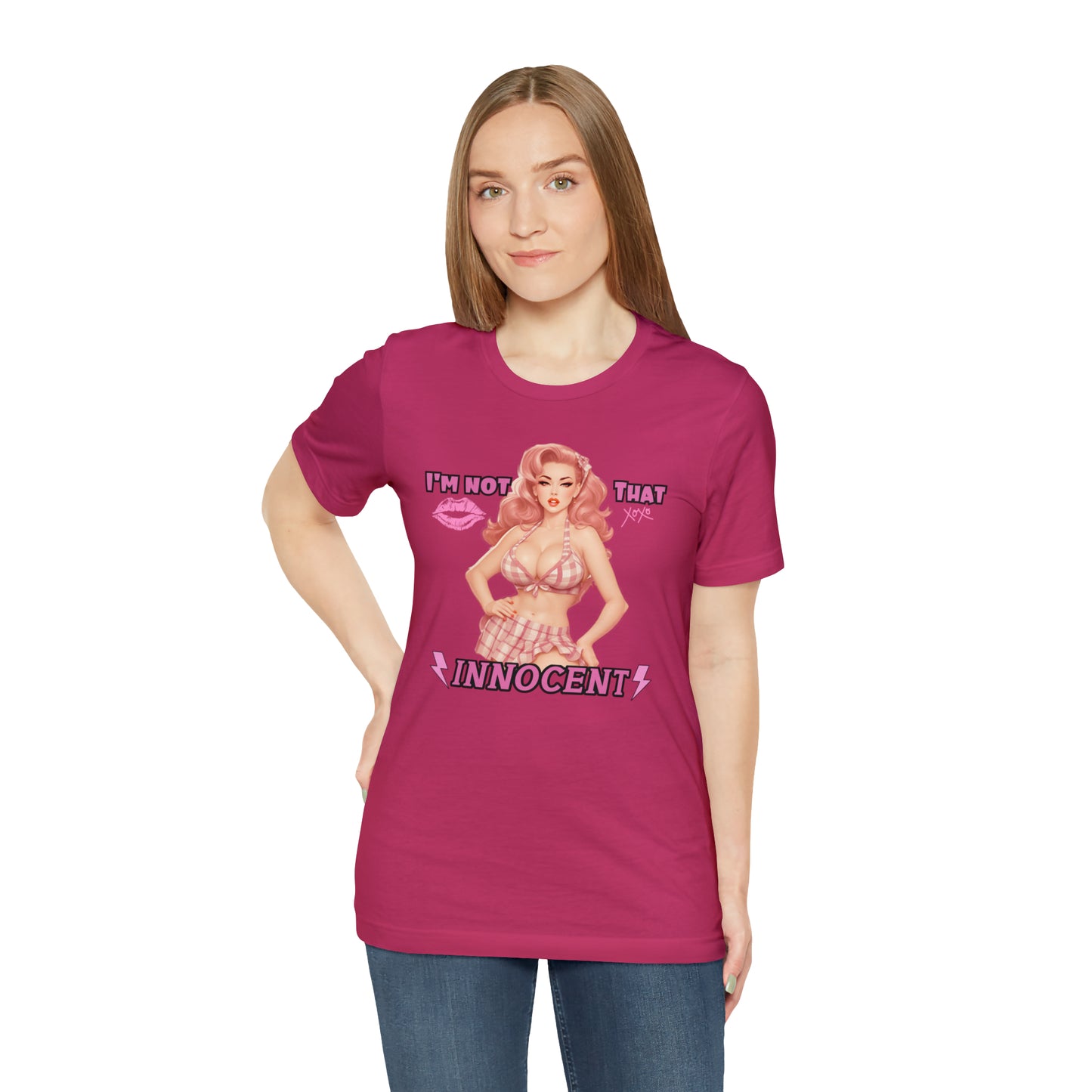 Timeless Elegance: Vintage Pink Pinup Girl "I'm not that Innocent on a Bella+Canva 3001 Unisex Jersey T-Shirt - A Must-Have Gift for her