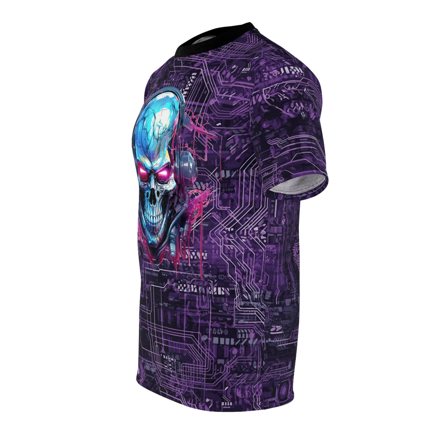 CyberPunk Cybernetic Skull breaking through a Purple Neon Circuit Board Unisex Cut & Sew Tee (AOP) Gifts for Her Gifts For Him