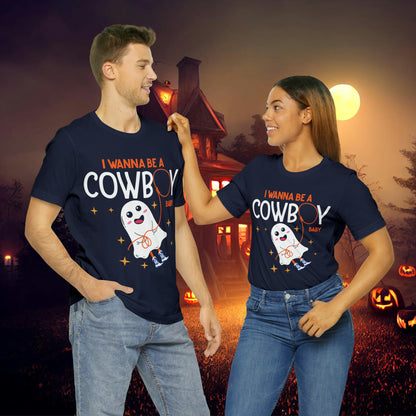 Little Ghost Saying I wanna be a cowboy baby Retro Groovy Western Halloween Unisex Jersey Short Sleeve Tee Gifts for Him Gifts for her.