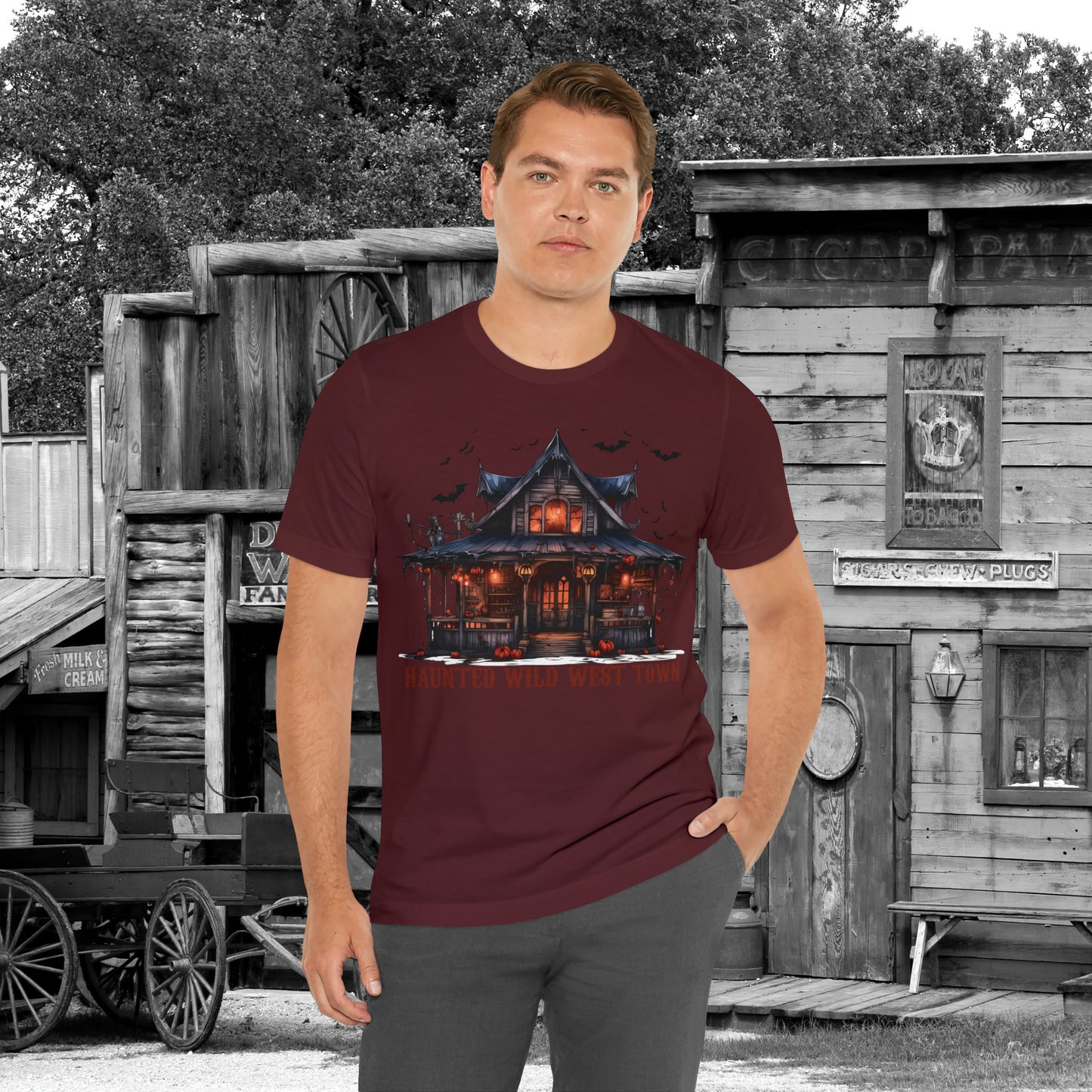 Haunted Wild West Town Halloween Western Unisex Jersey Short Sleeve Tee Gifts for Him Gifts For Her