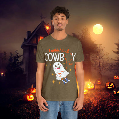 Little Ghost Saying I wanna be a cowboy baby Retro Groovy Western Halloween Unisex Jersey Short Sleeve Tee Gifts for Him Gifts for her.