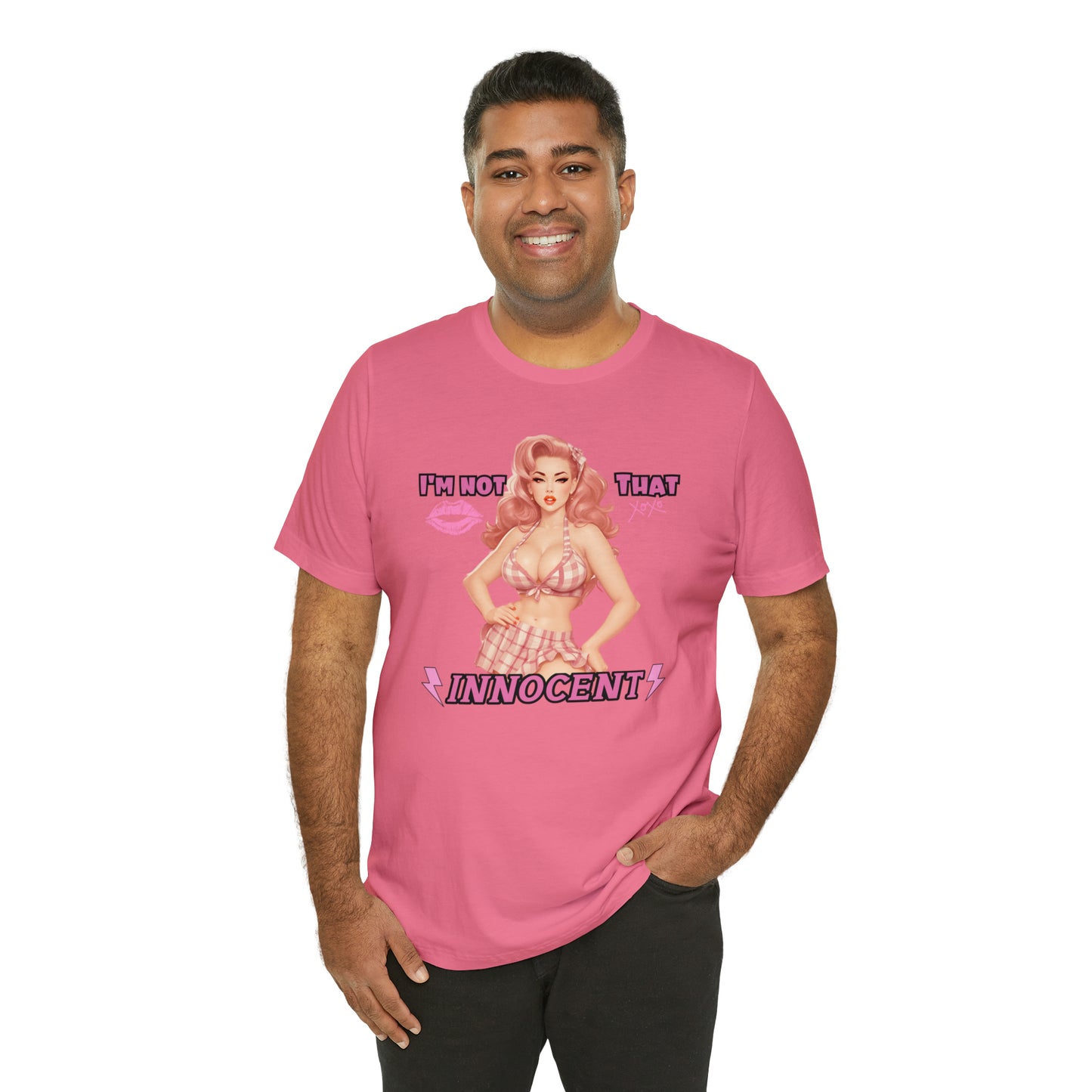 Timeless Elegance: Vintage Pink Pinup Girl "I'm not that Innocent on a Bella+Canva 3001 Unisex Jersey T-Shirt - A Must-Have Gift for her