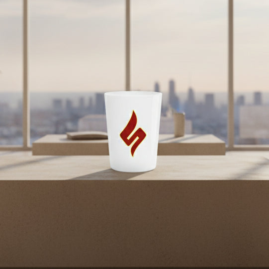 White mug with a red and yellow logo on a white background