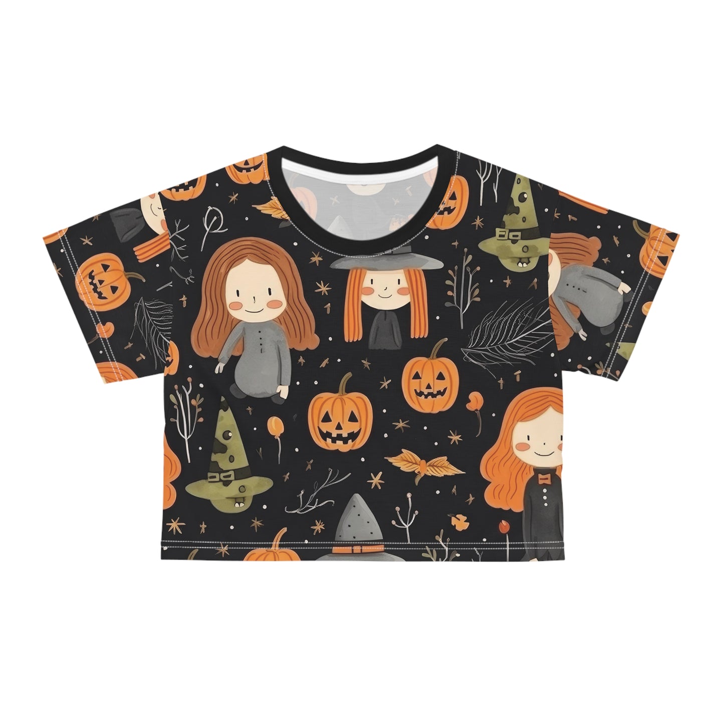 Halloween Trick or Treat Ghosts Witch Hats Jack o Lanterns Crop Tee (AOP)