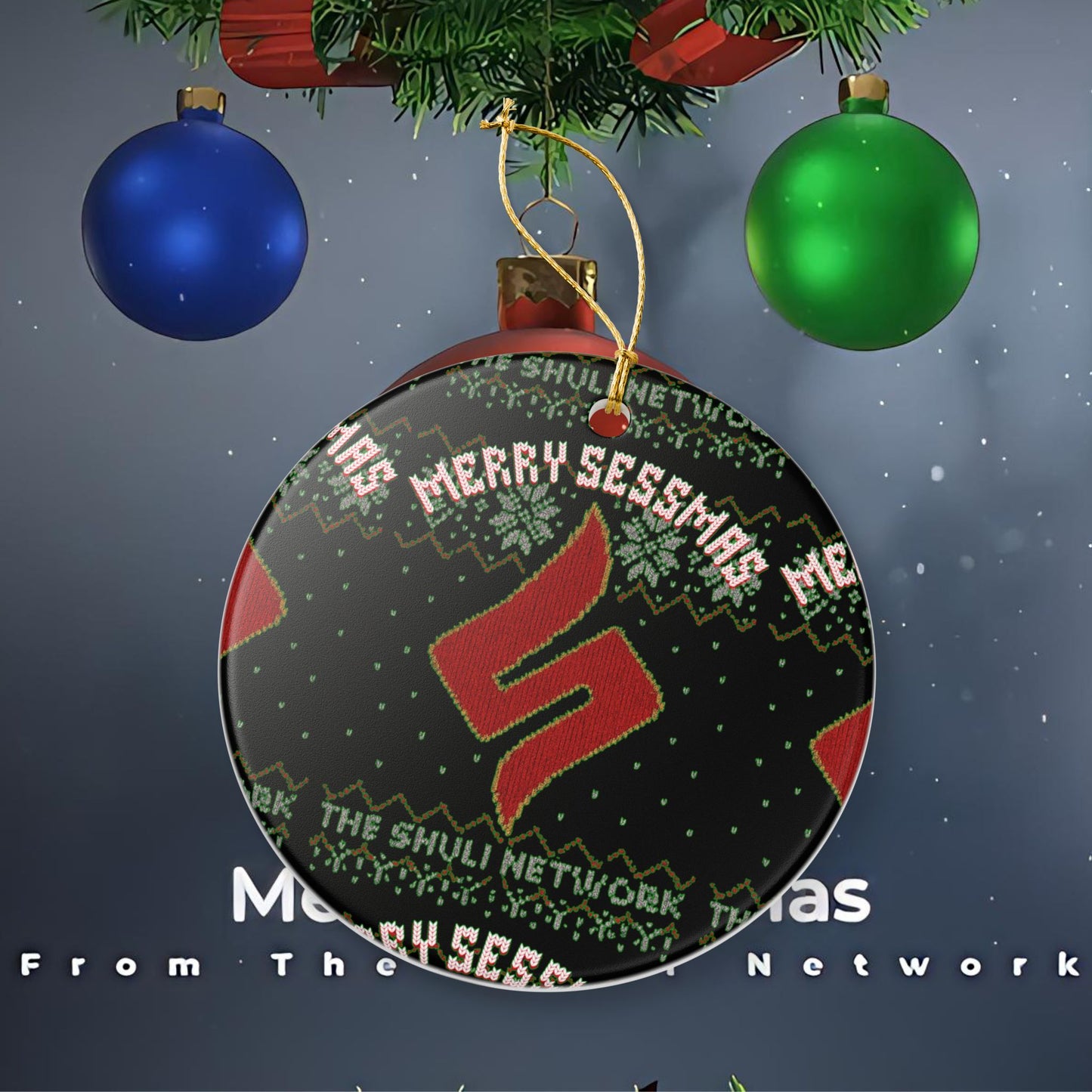Ceramic Ornament — 'Merry Sessmas' Holiday Tree Decoration (Shuli Network Knit Design)
