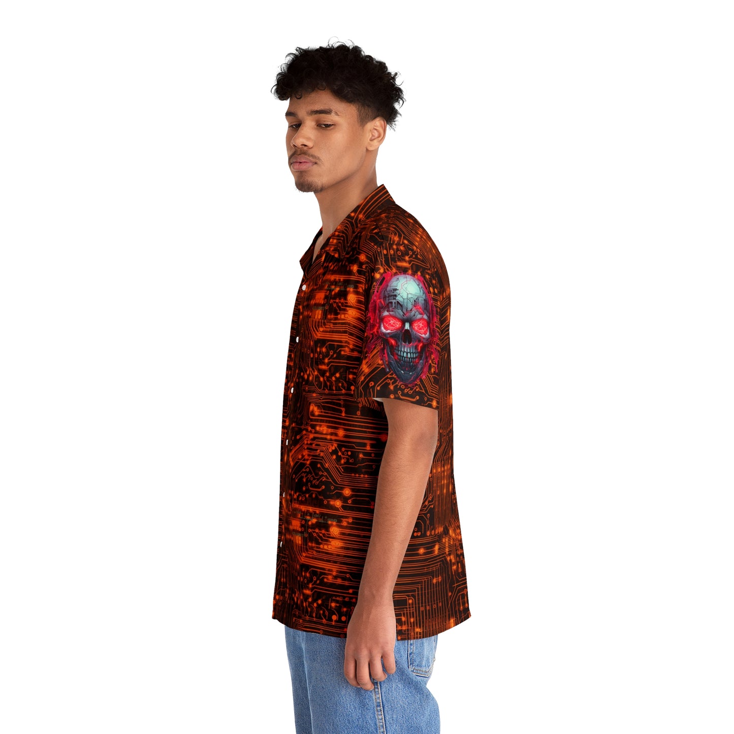 CyberPunk Cybernetic Skull breaking through a Orange Neon Circuit Board Men's Hawaiian Shirt (AOP)