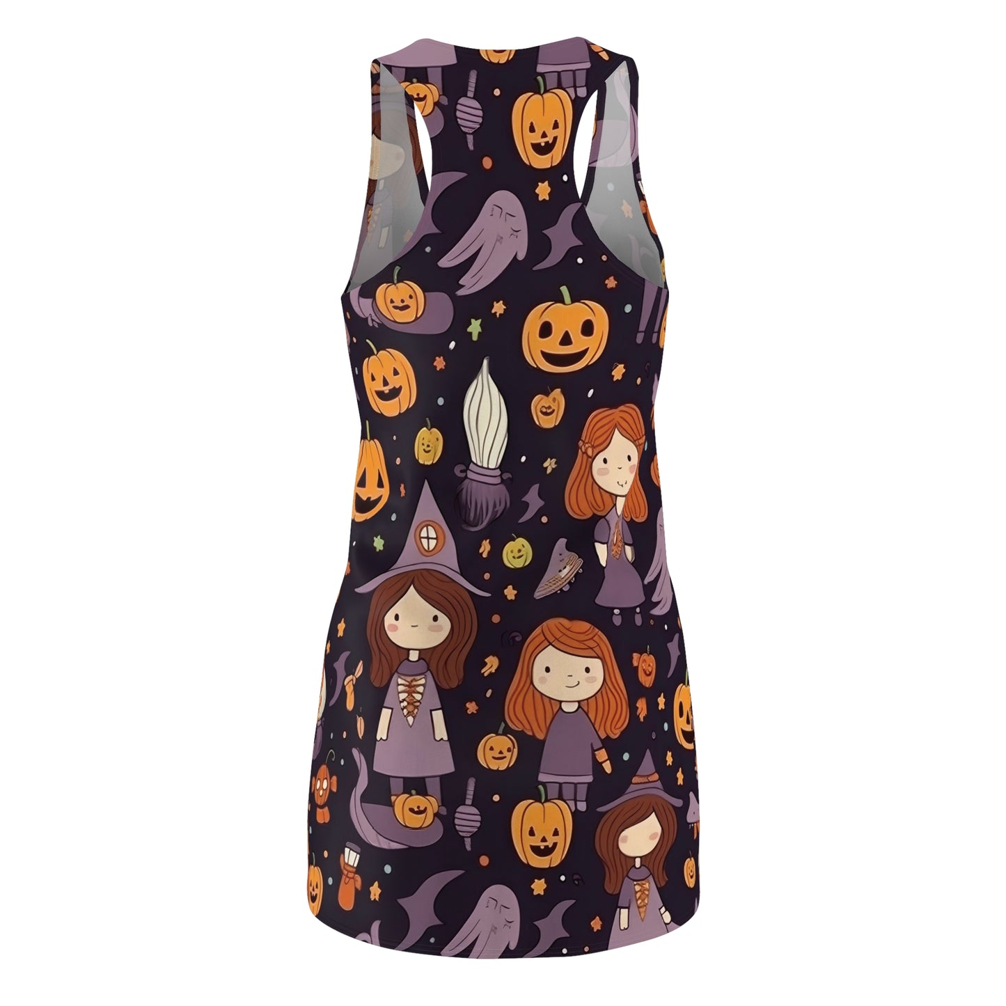 Halloween Trick or Treat Ghosts Witch Hats Jack o Lanterns Women's Cut & Sew Racerback Dress (AOP)