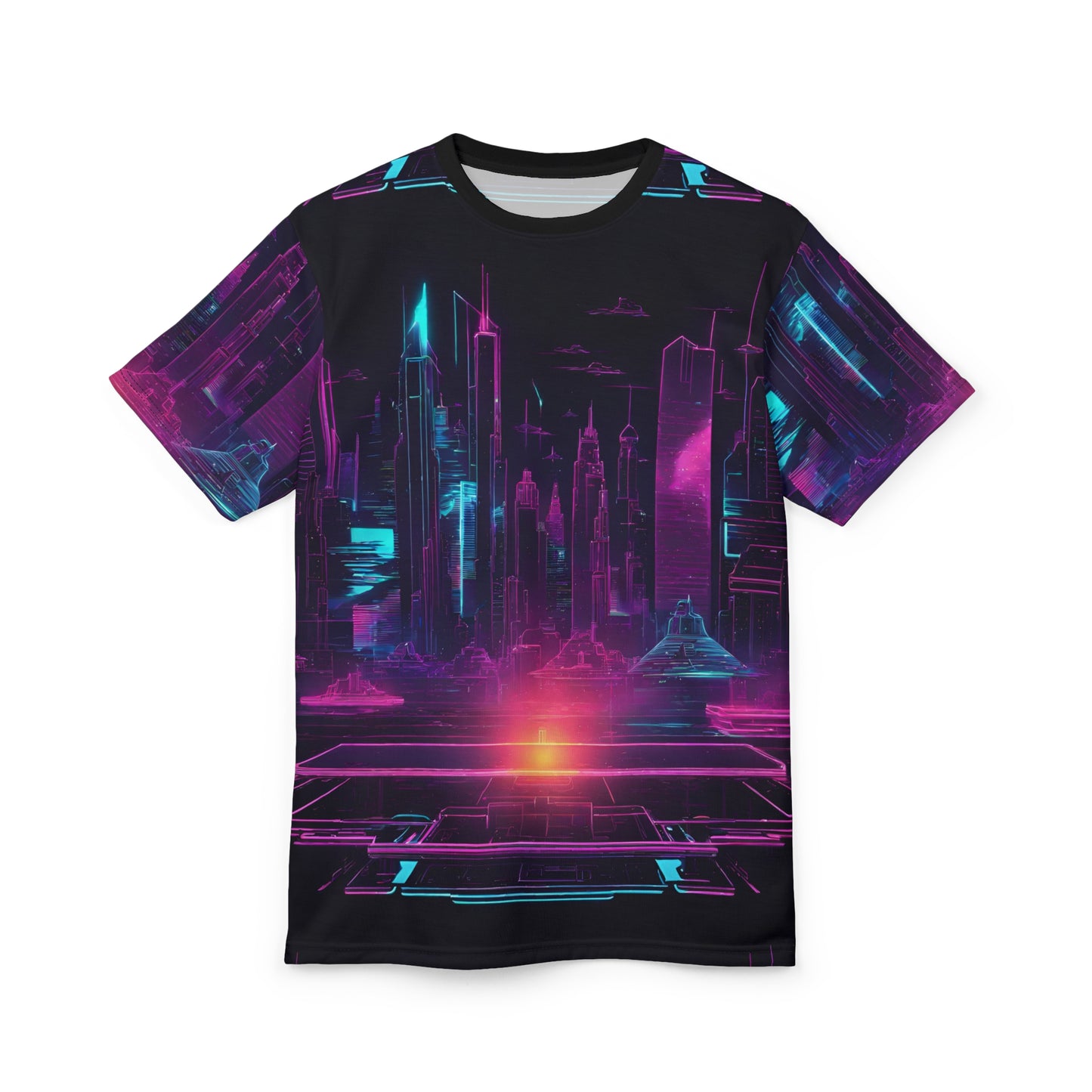 Futuristic Neon City Unisex Tee, Retro Graphic Shirt, Sci-Fi Fashion Top, Gift for Tech Lovers, AOP T-Shirt