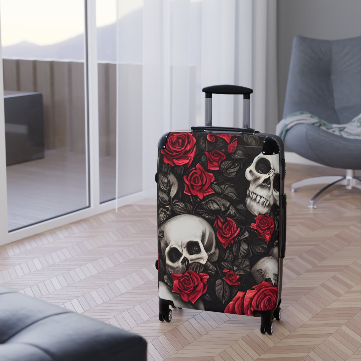 Hyper Realistic Skulls and Red Roses by artist Anne-Laure Goupil Suitcase