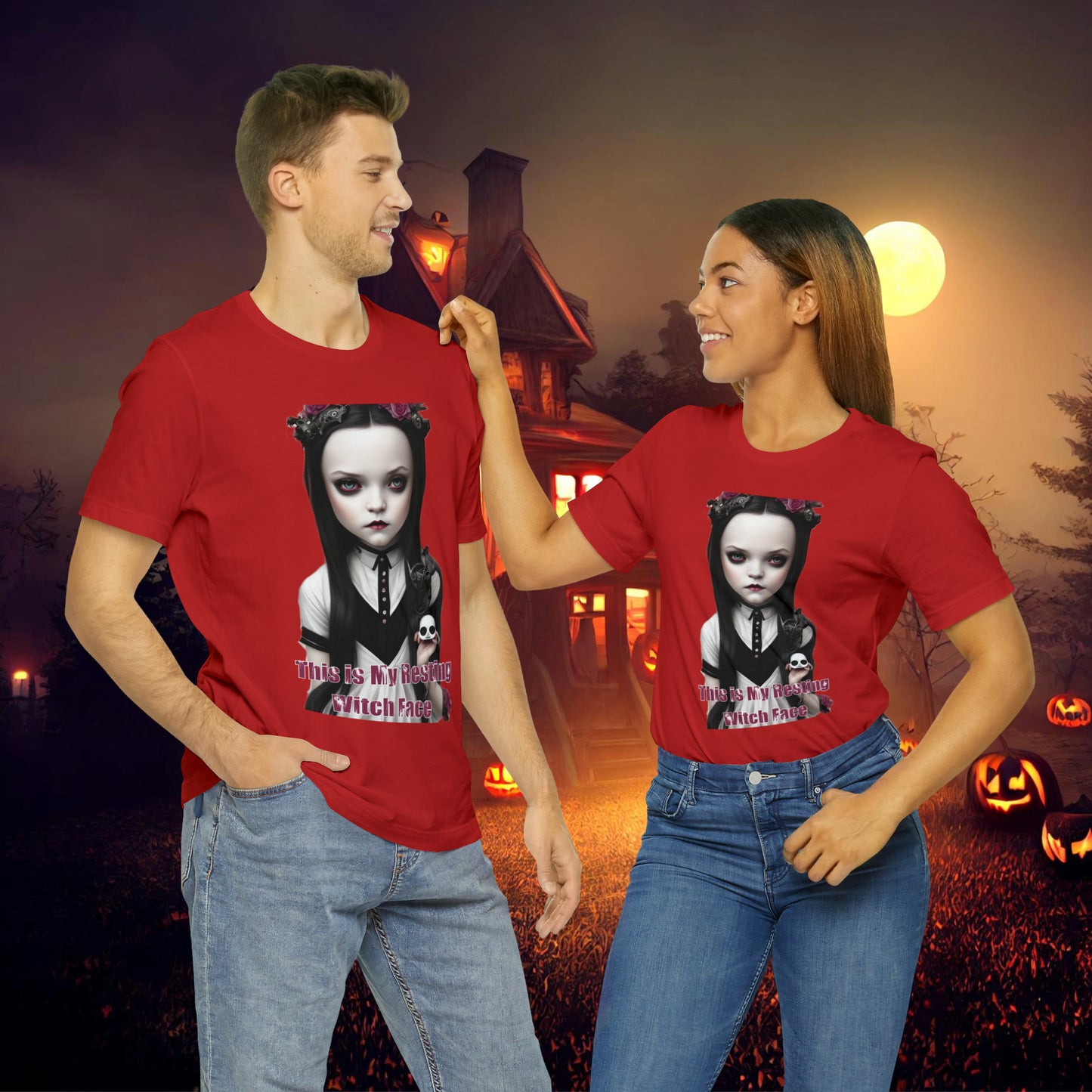 Wednesday Addams Chibi by Charlie Bowater This Is my Resting Witch Face Halloween Unisex Jersey Short Sleeve Tee