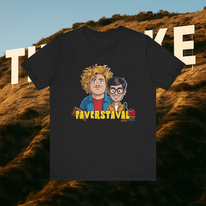 Black t-shirt with cartoon characters and 'FAVERSTAVAL' text on a scenic background