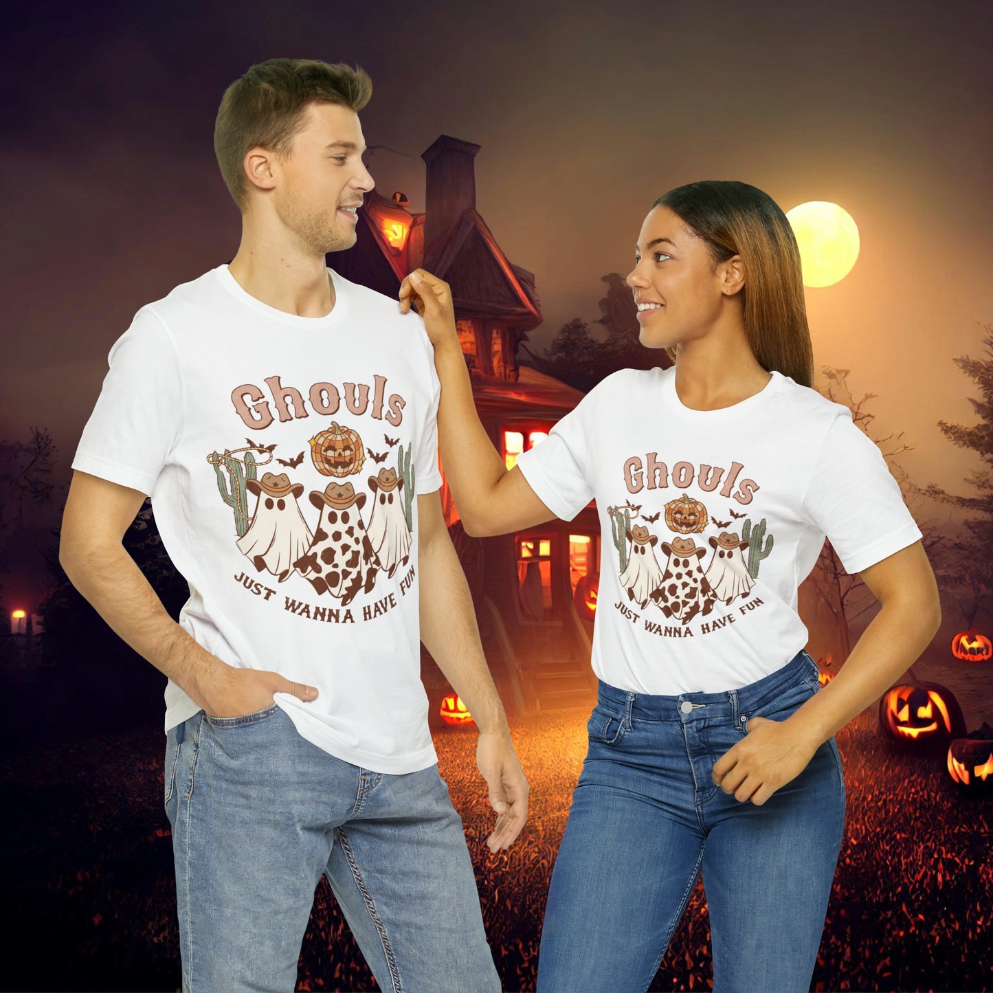 Ghouls Just wanna have fun Cowgirl Ghosts Retro Halloween Unisex Jersey Short Sleeve Tee Gifts for her