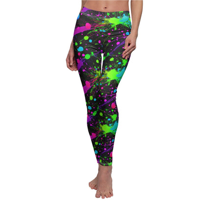 Green & Pink Splatter Vibes Leggings Women's Cut & Sew Casual Leggings (AOP)