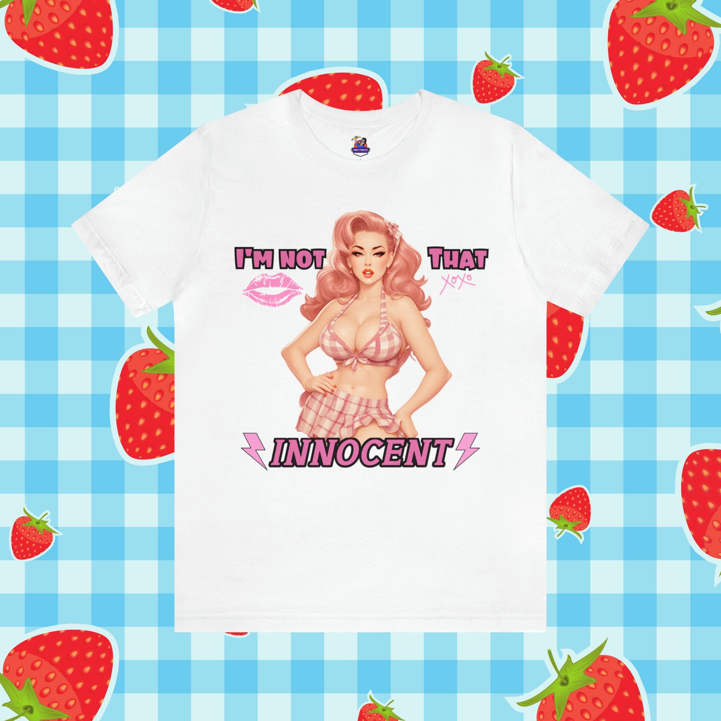 Sarcastic Vintage Pink Pinup Girl "I'm not That Innocent" on a Bella+Canva 3001 Unisex Jersey T-Shirt - A Must-Have Gift for her