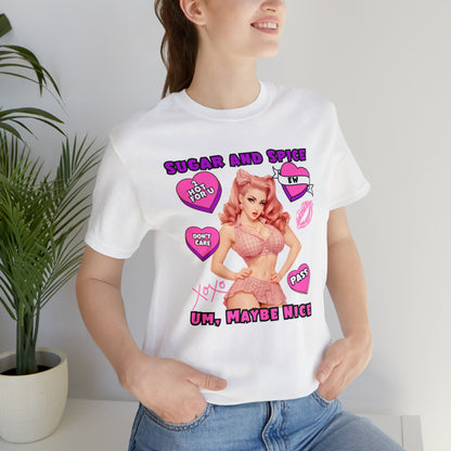 Sarcastic Elegance: Vintage Pink Pinup Girl "Sugar and Spice" on a Bella+Canva 3001 Unisex Jersey T-Shirt - A Must-Have Gift for her