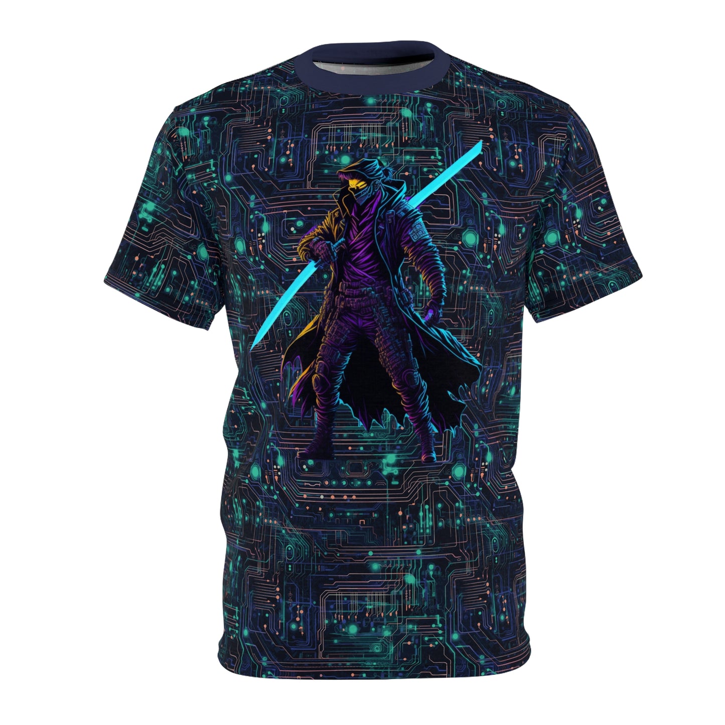 Cyberpunk Vision: Neon Circuit Board Unisex Cut & Sew Tee