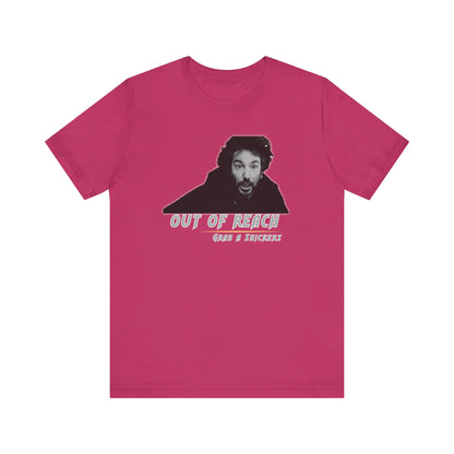 Inspired Parody Die Hard Hans Gruber Tee: Out of Reach, Grab a Snickers! Unisex Jersey Short Sleeve Tee