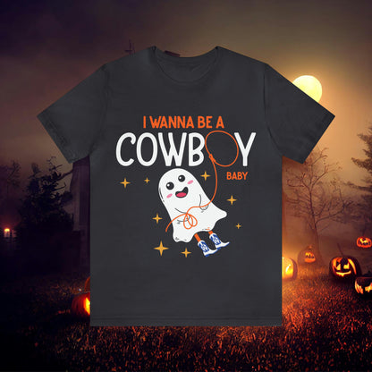 Little Ghost Saying I wanna be a cowboy baby Retro Groovy Western Halloween Unisex Jersey Short Sleeve Tee Gifts for Him Gifts for her.
