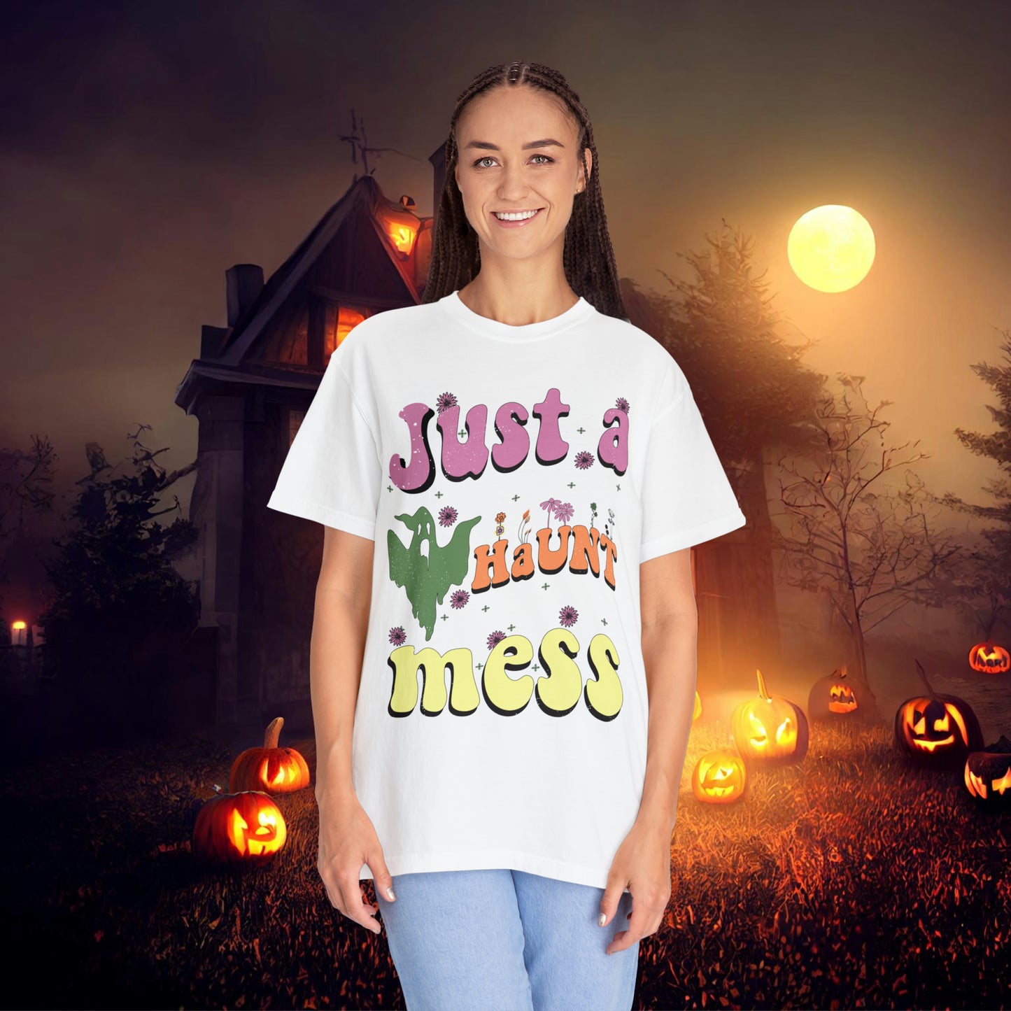 Just a Haunt Mess Retro Halloween Unisex Garment-Dyed T-shirt Gifts for Her Gifts for him