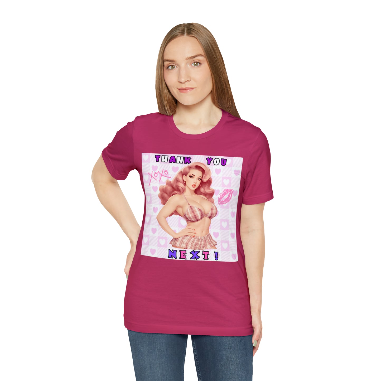 Timeless Elegance: Vintage Pink Pinup Girl "Thank You Next" on a Bella+Canva 3001 Unisex Jersey T-Shirt - A Must-Have Gift for her