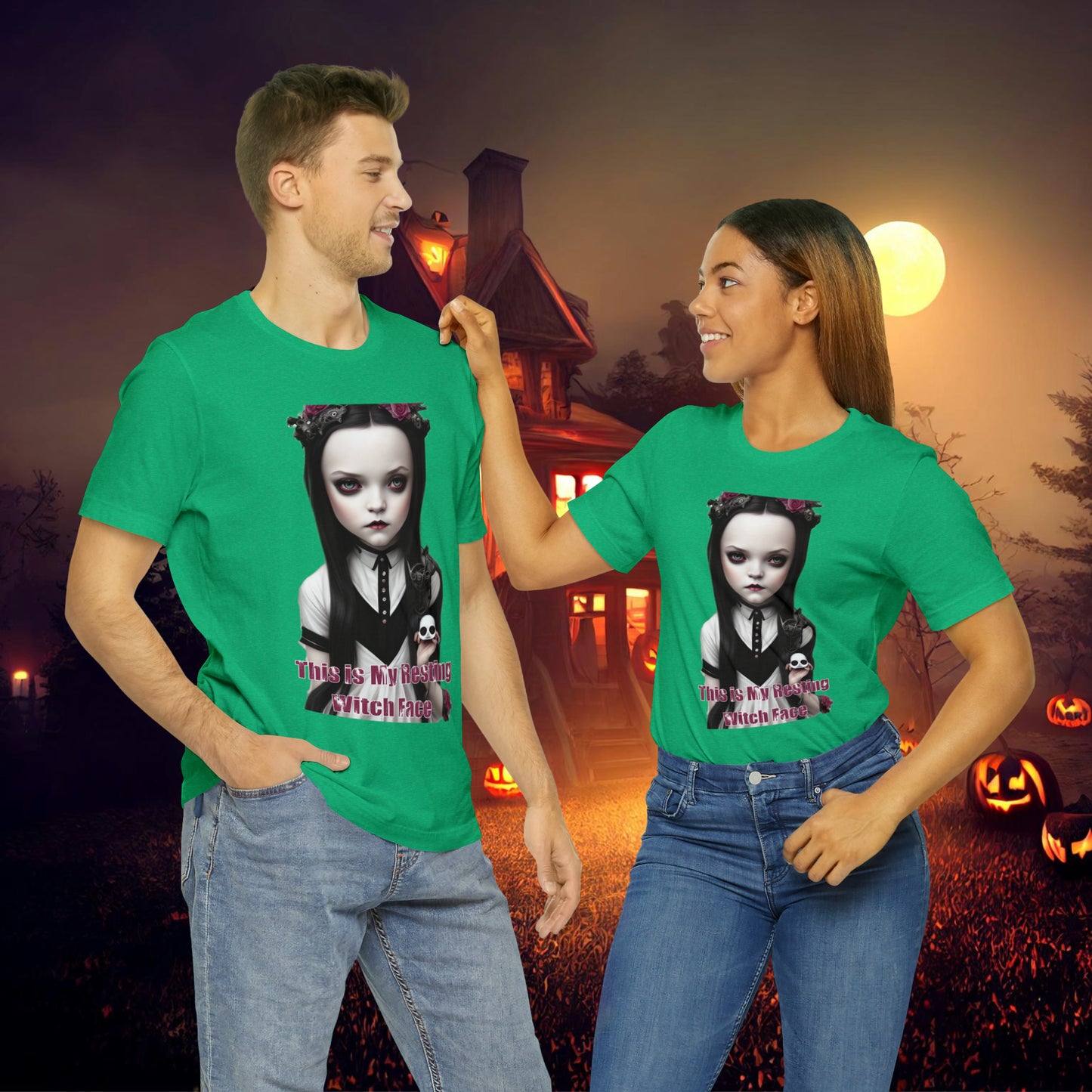 Wednesday Addams Chibi by Charlie Bowater This Is my Resting Witch Face Halloween Unisex Jersey Short Sleeve Tee