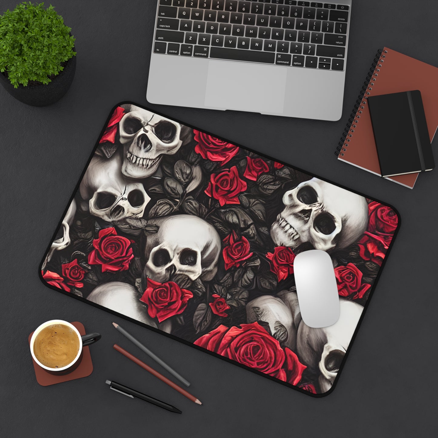 Hyper Realistic Skulls and Red Roses by artist Anne-Laure Goupil Desk Mat