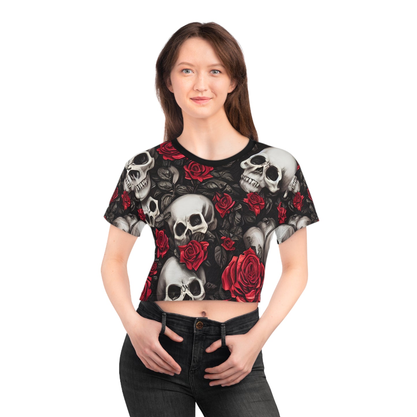 Hyper Realistic Skulls and Red Roses by artist Anne-Laure Goupil Crop Tee (AOP)